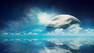 white and blue abstract painting, planet, clouds, reflection, artwork