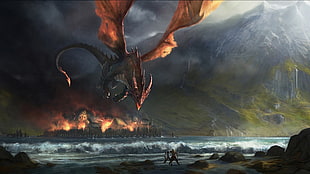 dragon flying over beach with burned town in background HD wallpaper