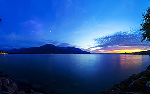 body of water and mountain, lake, night, sea, clouds