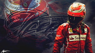 red Santander race suit, Kimi Raikkonen, Ferrari, Formula 1, sport  HD wallpaper