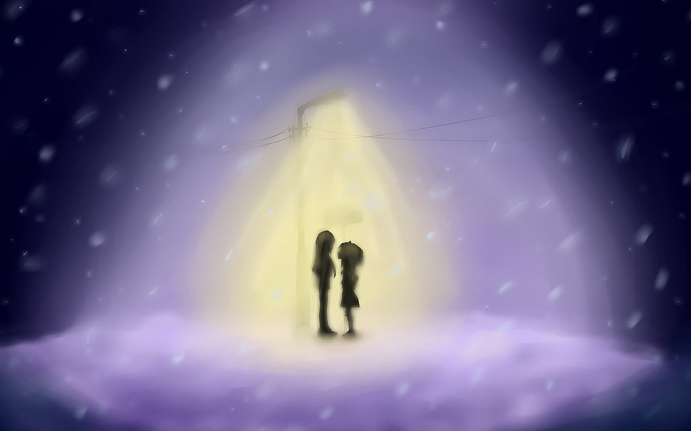 silhouette of couple under lamp post during winter illustration HD wallpaper