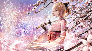 woman anime character wielding a sword wearing kimono under serakura trees, anime girls, katana, Sakura Saber, miko HD wallpaper