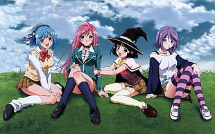 four female anime characters illustration, Rosario + Vampire, Akashiya Moka, Kurono Kurumu, Shirayuki Mizore