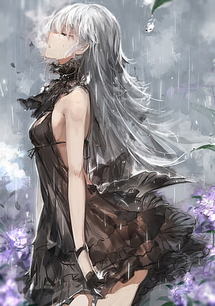 gray haired female anime character poster