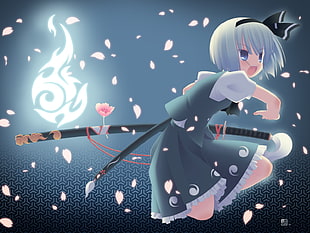 female anime holding katana digital wallpaper