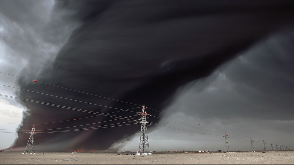 gray metal electricity pylon, desert, wire, tornado, fire HD wallpaper