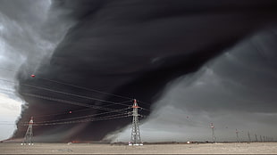 gray metal electricity pylon, desert, wire, tornado, fire