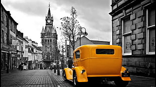 selective color poster of yellow vehicle, city, car, Scotland, Dunfermline
