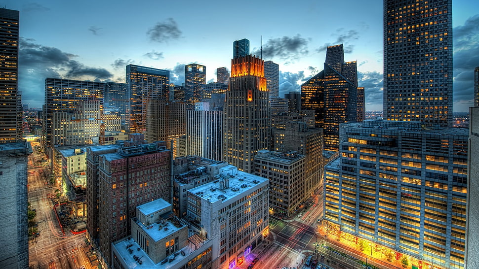 blue and white concrete buildings, cityscape, city, HDR, building HD wallpaper