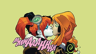 Poison Ivy and Harley Quinn kissing illustration, Harley Quinn, DC Comics, comics, comic books