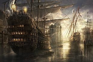 brown galleon ships illustration, sailing ship, pirates, fantasy art, artwork