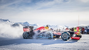 red and black RC car, photography, snow, Formula 1 HD wallpaper