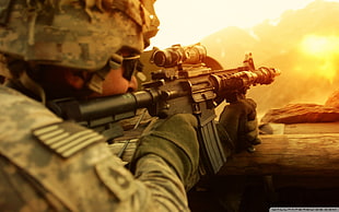 black assault rifle, war, soldier, military, weapon