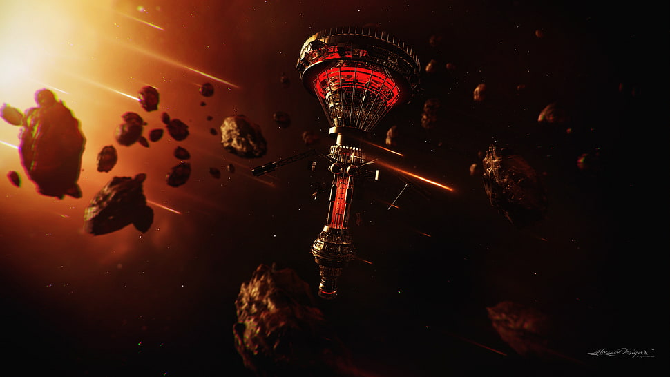 black and red spacecraft illustration, digital art, asteroid, space, space art HD wallpaper