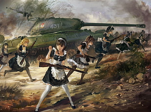 female maid anime war zone digital wallpaper HD wallpaper