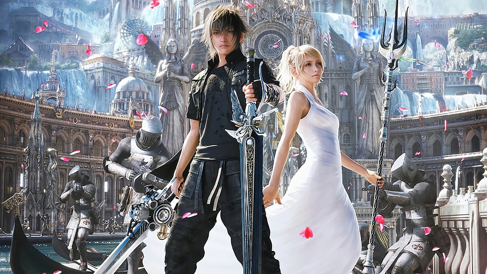 two male and female character illustration, Final Fantasy XV, video games, Noctis, upscaled HD wallpaper