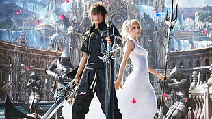 two male and female character illustration, Final Fantasy XV, video games, Noctis, upscaled