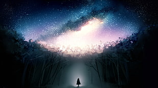 person between trees artwor k, stars, forest