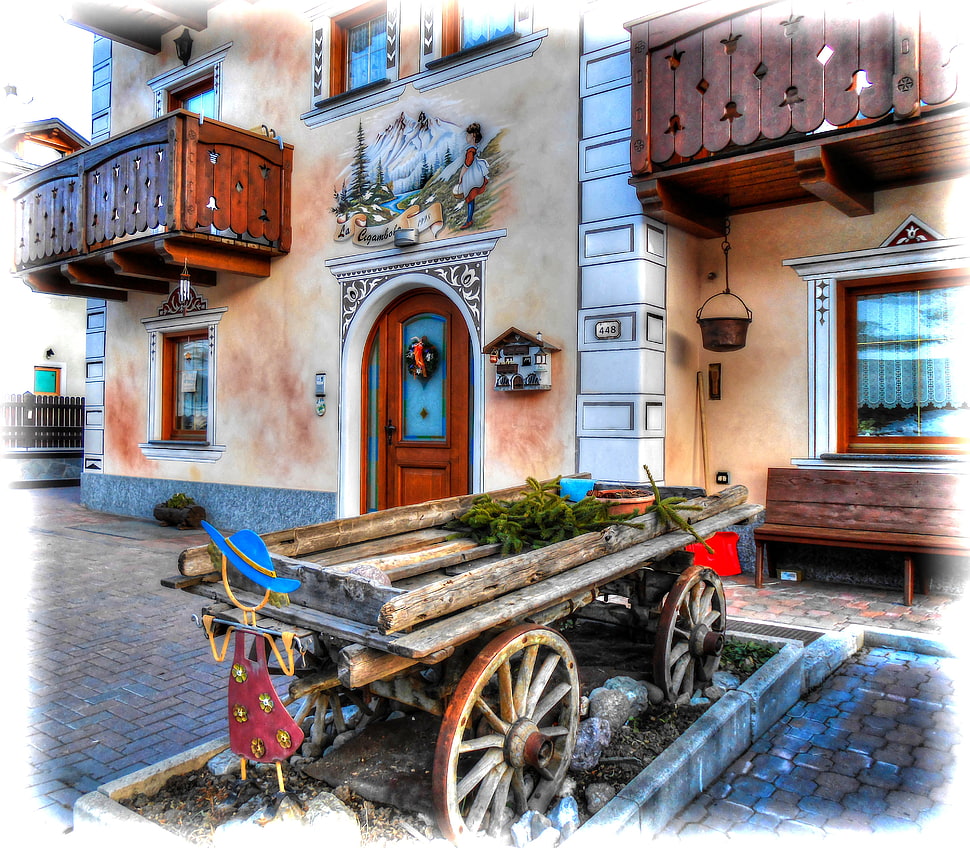 brown wooden wagon display, panoramas, Livigno, building, city HD wallpaper