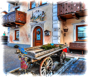 brown wooden wagon display, panoramas, Livigno, building, city