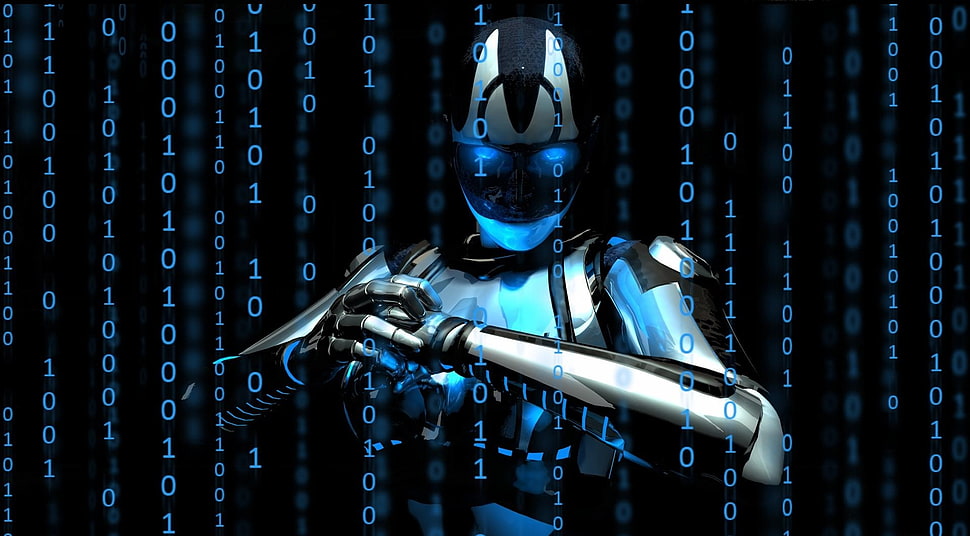 gray and black robot artwork HD wallpaper