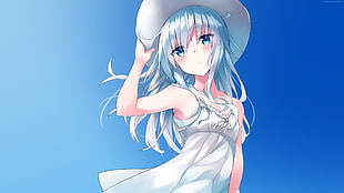 blue haired female anime character with hat