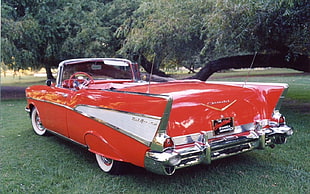 classic red and white convertible coupe, Chevrolet, 1957 Chevrolet, bel air, car