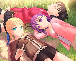 three female anime characters on grass field
