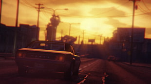 gray car illustration, Grand Theft Auto V, Grand Theft Auto Online, Rockstar Games, sunset