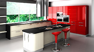 white and red wooden kitchen cabinet, kitchen, indoors, interior design