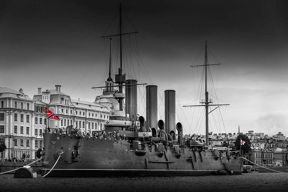grayscale photo of ship, military, selective coloring, ship, vehicle HD wallpaper