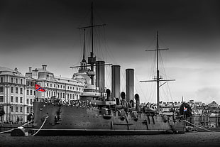 grayscale photo of ship, military, selective coloring, ship, vehicle