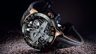 round black frame chronograph watch