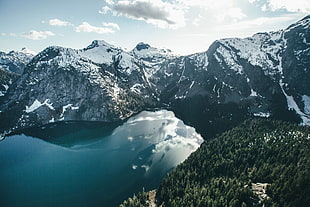 aerial photo of lake surrounded by alpine mountains, mountains, nature, lake, forest