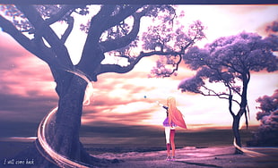 female character red hair and purple skirt digital wallpaper, landscape, purple, trees HD wallpaper