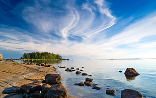 brown rock formations, nature, landscape, lake, island HD wallpaper