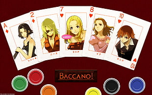 five Baccano! playing cards with anime character prints