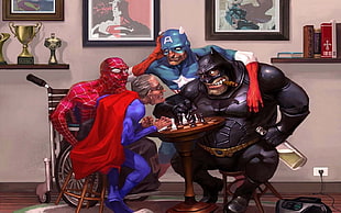 old Superman and Batman playing board game artwork, Batman, Superman, Spider-Man, Captain America