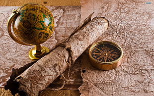 gold framed globe on paper map HD wallpaper