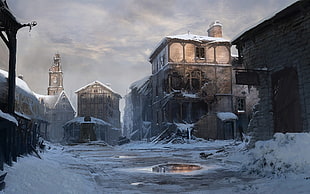 London digital wallpaper, dark, ruin, apocalyptic, winter