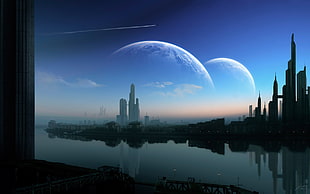 city building near body of water, far view, reflection, collage HD wallpaper