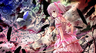 Female anime wearing pink dress illustration HD wallpaper