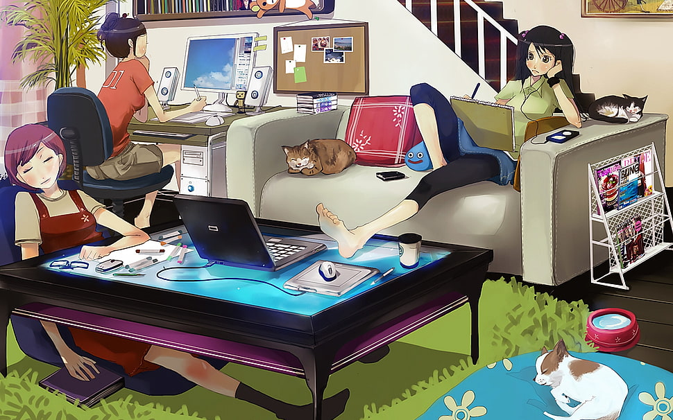 three woman sitting anime character photo HD wallpaper