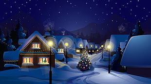 black light post illustration, Christmas, village, Christmas Tree, snow HD wallpaper