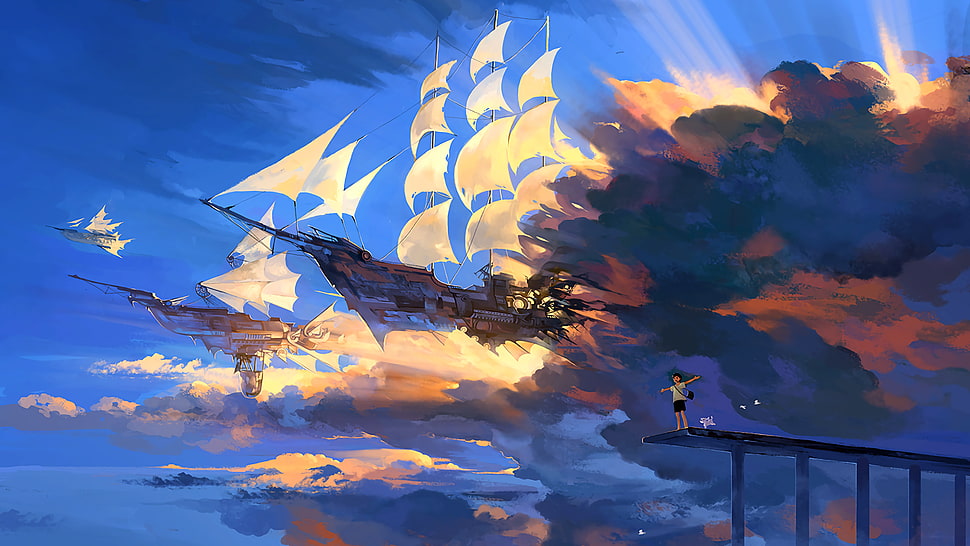 photo flying sail ship painting HD wallpaper
