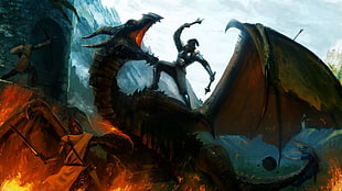 male slaying dragon painting, The Elder Scrolls V: Skyrim, dragon, video games, digital art