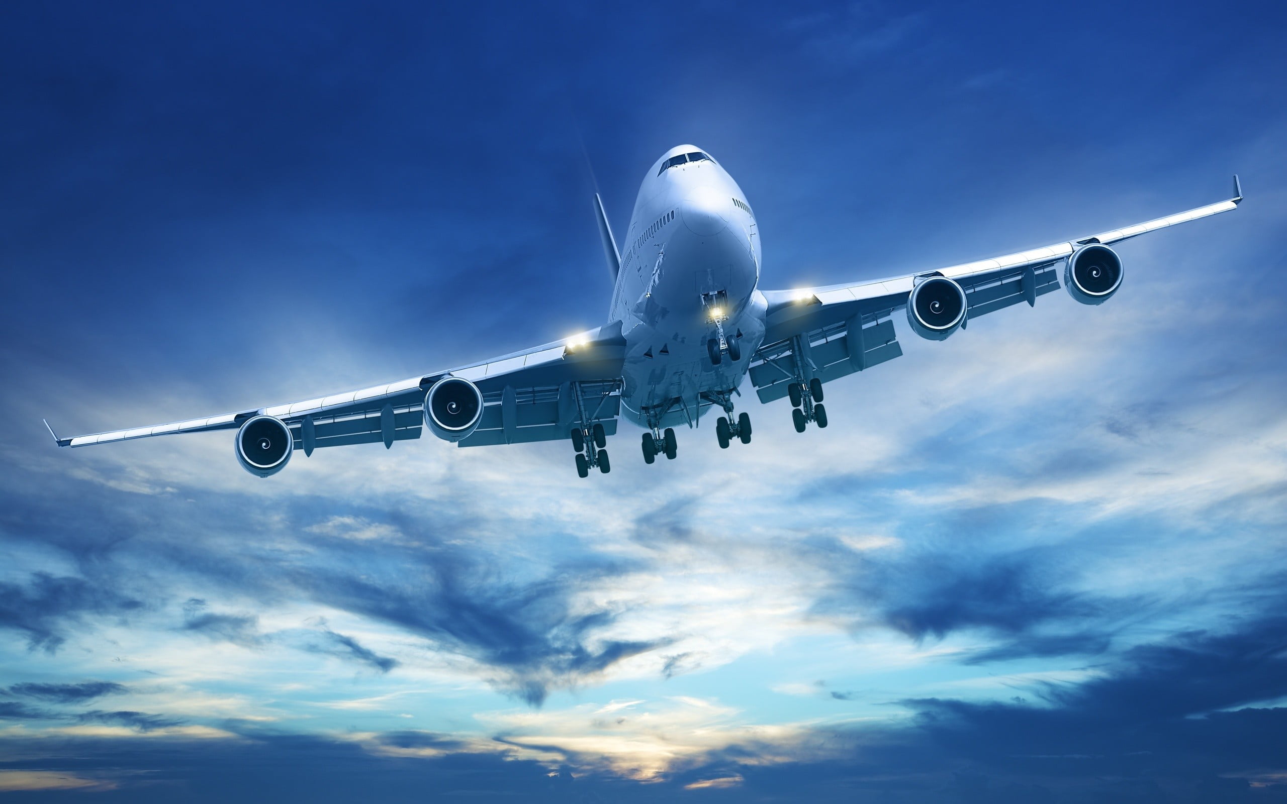 silver airplane flying on midair photo, airplane, aircraft, sky, clouds