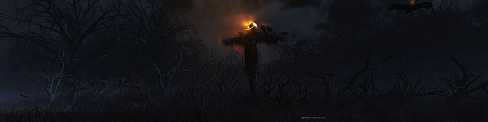 trees digital wallpaper, Halloween, scarecrows HD wallpaper