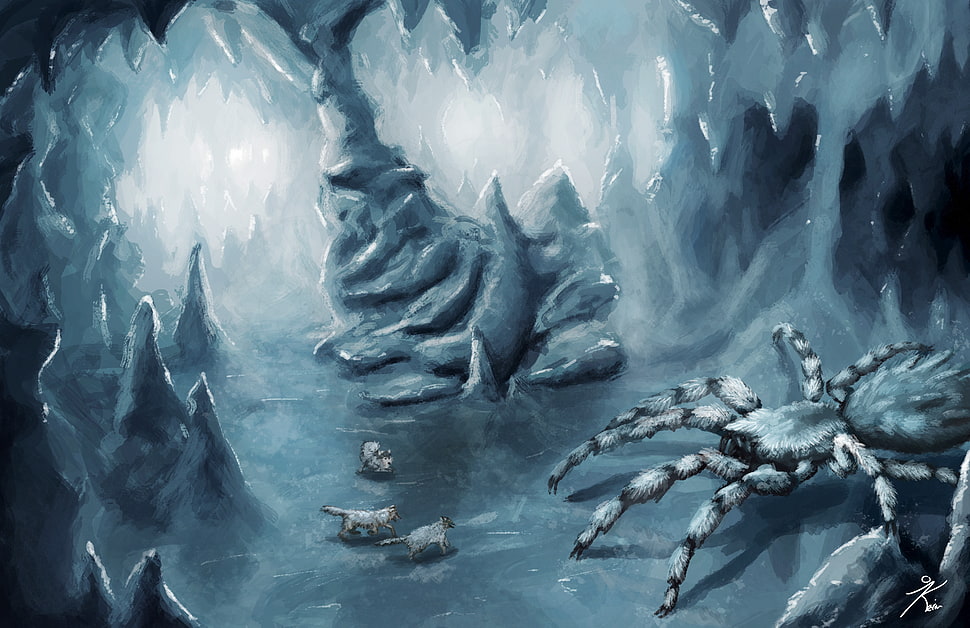 three wolves fighting spider monster painting, creature, ice, spider, giant HD wallpaper