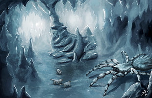 three wolves fighting spider monster painting, creature, ice, spider, giant